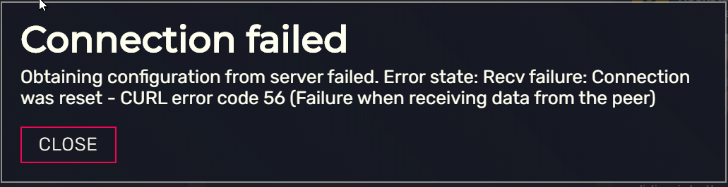 Real FiveM cURL error 56 screenshot: Connection failed, Recv failure and connection reset.