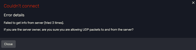 Screenshot van de FiveM Couldn’t connect-fout: Failed to get info from server (tried 3 times).